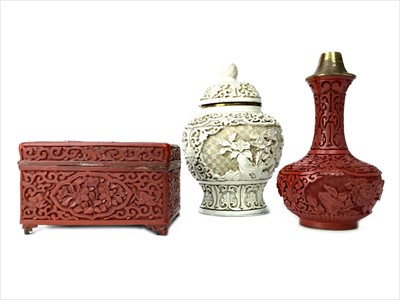 Lot 1161 - A 20TH CENTURY CHINESE CINNABAR LACQUER BOX, LIDDED JAR AND VASE