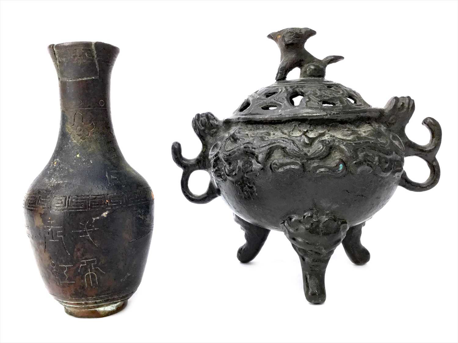 Lot 1164 - A CHINESE BRONZE CENSER AND A VASE