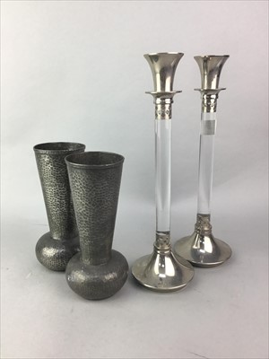 Lot 357 - A PAIR OF PEWTER HAMMERED VASES, PAIR OF CANDLESTICKS AND OTHER ITEMS