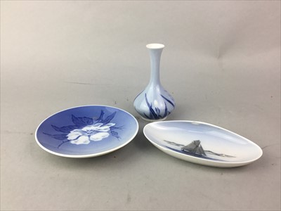 Lot 361 - TWO ROYAL COPENHAGEN PIN DISHES, A SIMILAR VASE AND FOUR BLUE AND WHITE BOWLS