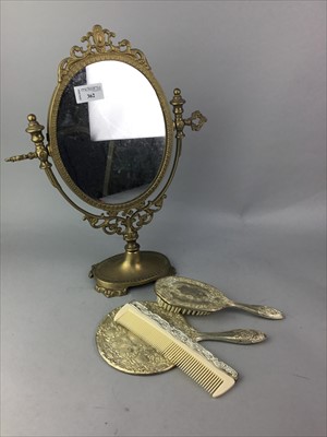 Lot 362 - A VINTAGE BRASS DRESSING GLASS, THREE PIECE VANITY SET AND OTHER ITEMS