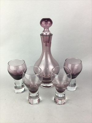 Lot 147 - A CAITHNESS SMOKED GLASS DECANTER AND SIX GLASSES AND OTHERS