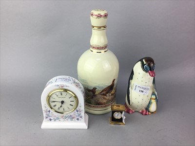 Lot 158 - A RUSSIAN CERAMIC PENGUIN FIGURE, TWO CLOCKS AND A GROUSE DECANTERS
