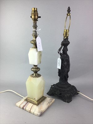 Lot 161 - A BRASS AND ONYX TABLE LAMP AND ANOTHER LAMP