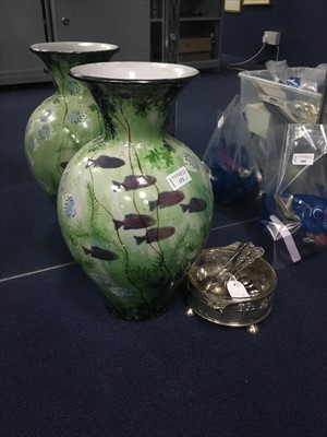Lot 172 - A HIGHLAND STONEWARE BALUSTER VASE AND GROUP OF PLATED ITEMS