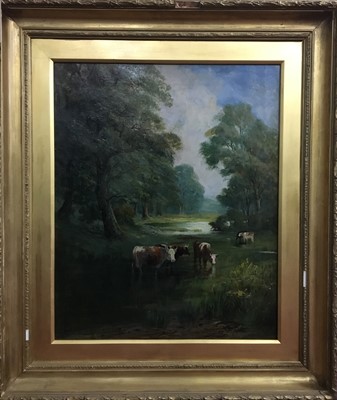 Lot 550 - CATTLE IN WOODLAND, AN OIL BY JAMES DOCHERTY
