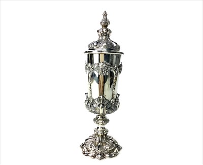 Lot 981 - AN 19TH CENTURY GERMAN SILVER GOBLET AND COVER