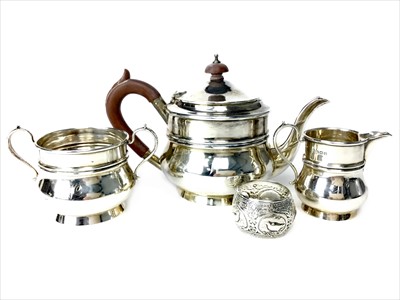 Lot 987 - A SILVER THREE PIECE BACHELOR'S TEA SERVICE ALONG WITH TEASPOONS AND NAPKIN RING