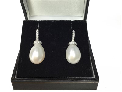 Lot 1349 - A PAIR OF PEARL AND DIAMOND EARRINGS