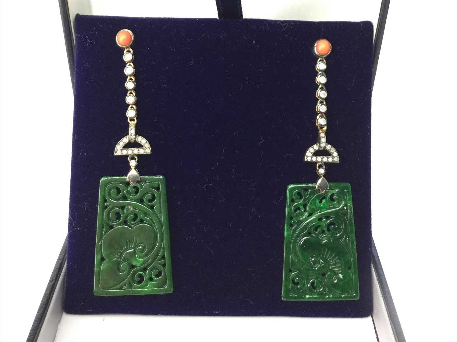 Lot 319 - A PAIR OF JADE, CORAL AND DIAMOND EARRINGS