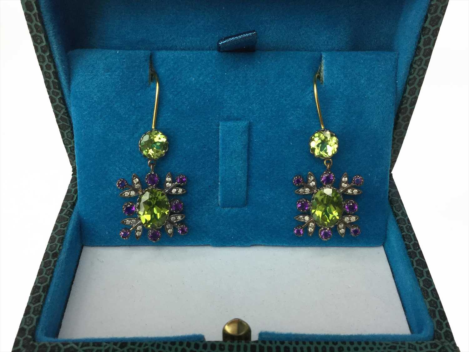 Lot 1368 - A PAIR OF AMETHYST, PERIDOT AND DIAMOND EARRINGS