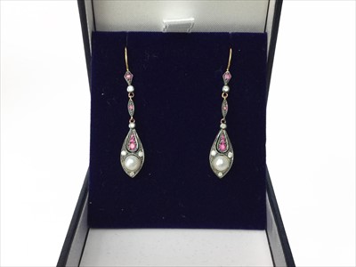 Lot 1370 - A PAIR OF RUBY DIAMOND AND PEARL EARRINGS