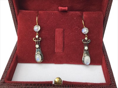 Lot 1378 - A PAIR OF MOONSTONE AND DIAMOND EARRINGS