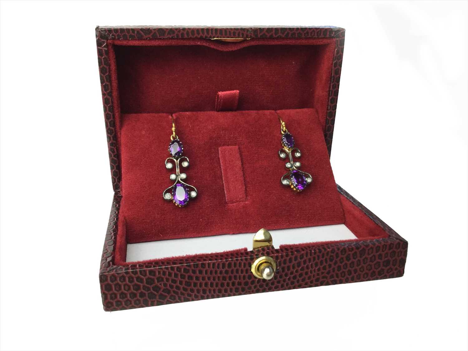 Lot 343 - A PAIR OF AMETHYST AND DIAMOND EARRINGS