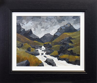 Lot 599 - STORM IN THE CUILLIN, AN OIL BY DAVID BARNES