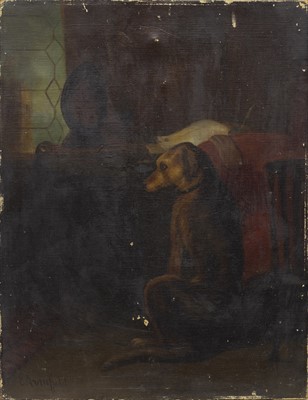 Lot 406 - DOG IN INTERIOR, AN OIL BY EDWARD ARMFIELD