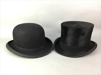 Lot 34 - A VINTAGE GENTLEMAN'S TOP HAT ALONG WITH A BOWLER