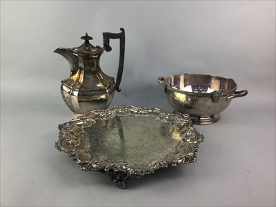 Lot 41 - AN EDWARDIAN SILVER PLATED SALVER ALONG WITH OTHER PLATED WARES