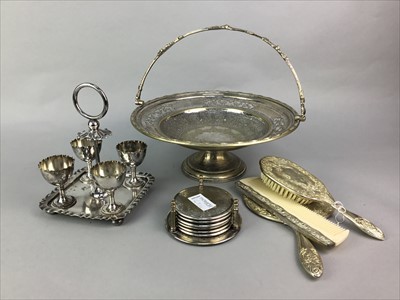 Lot 45 - A SILVER PLATED BREAKFAST SET ALONG WITH OTHER PLATED WARES AND A PICTURE OF LORD NELSON