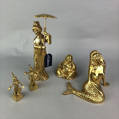 Lot 90 - A BRASS FIGURE OF A GEISHA ALONG WITH OTHERS