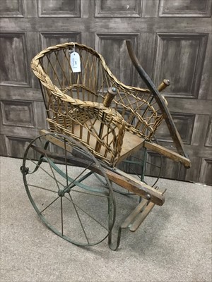 Lot 159 - A VINTAGE WICKER, WOOD AND PAINTED CHILD'S RICKSHAW