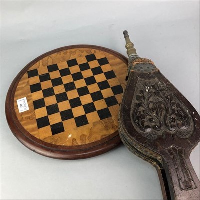 Lot 163 - A VICTORIAN CHESSBOARD TABLETOP, NEEDLEWORK PANEL AND OTHER ITEMS