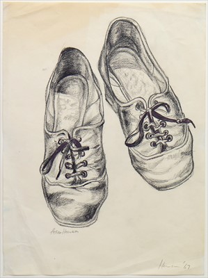Lot 607 - VAN GOGH'S SHOES, AN EARLY CHARCOAL SKETCH BY PETER HOWSON