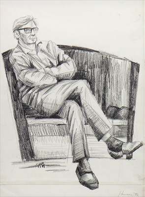 Lot 633 - MAN SITTING, AN EARLY CHARCOAL BY PETER HOWSON