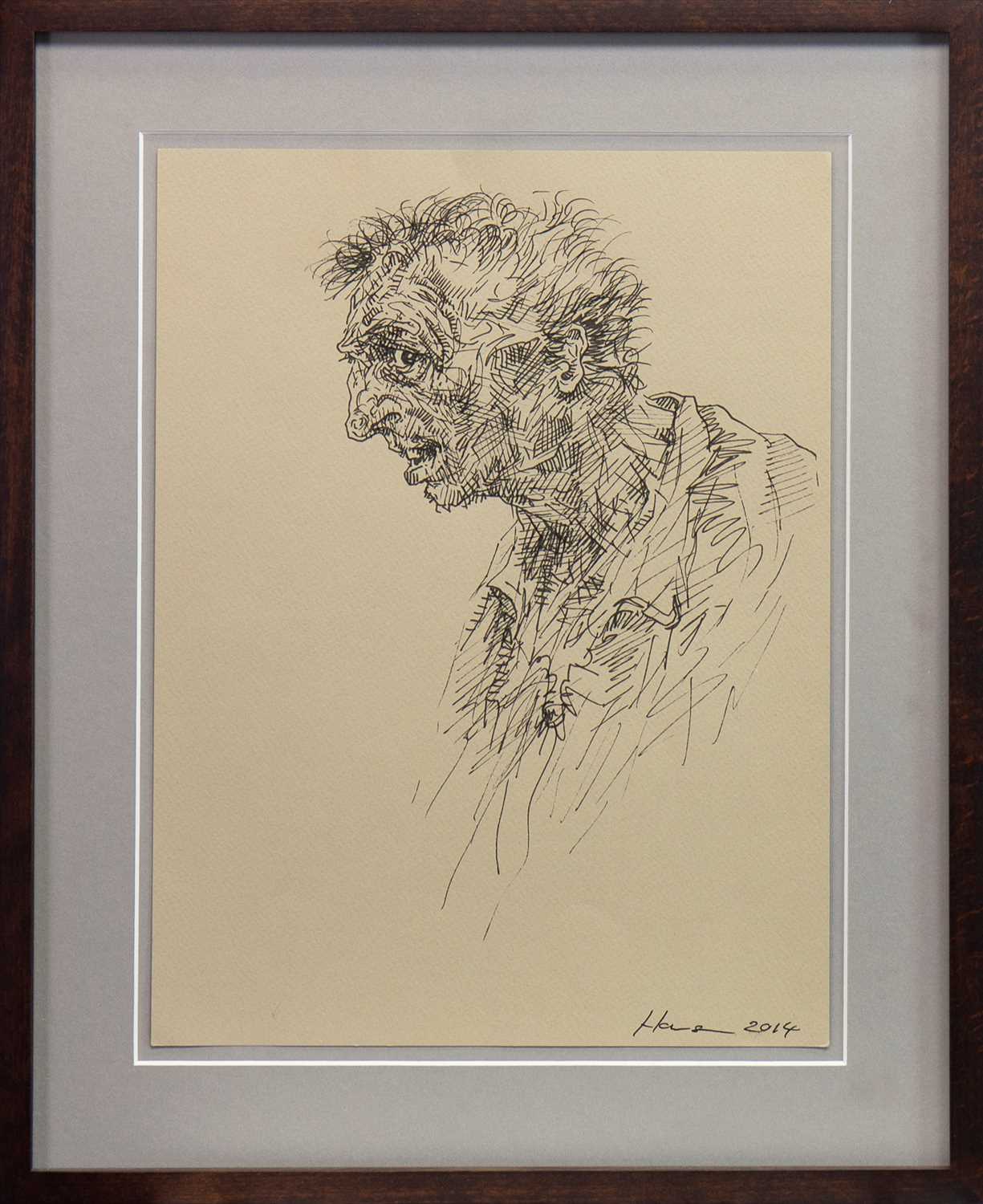 Lot 600 - HEAD OF A WORRIED MAN, AN INK STUDY BY PETER HOWSON