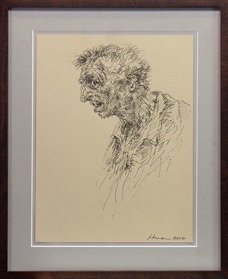 Lot 600 - HEAD OF A WORRIED MAN, AN INK STUDY BY PETER HOWSON