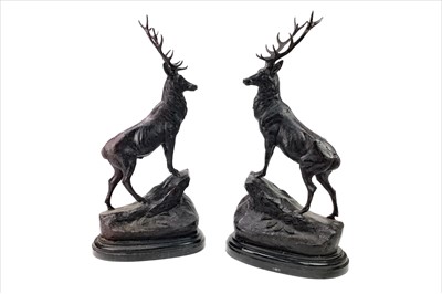 Lot 1316 - A PAIR OF BRONZE STAG AFTER JULES MOIGNIEZ