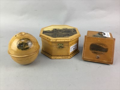 Lot 89 - A MAUCHLINE OCTAGONAL THREAD BOX, A STRING HOLDER AND WATCH HOLDER