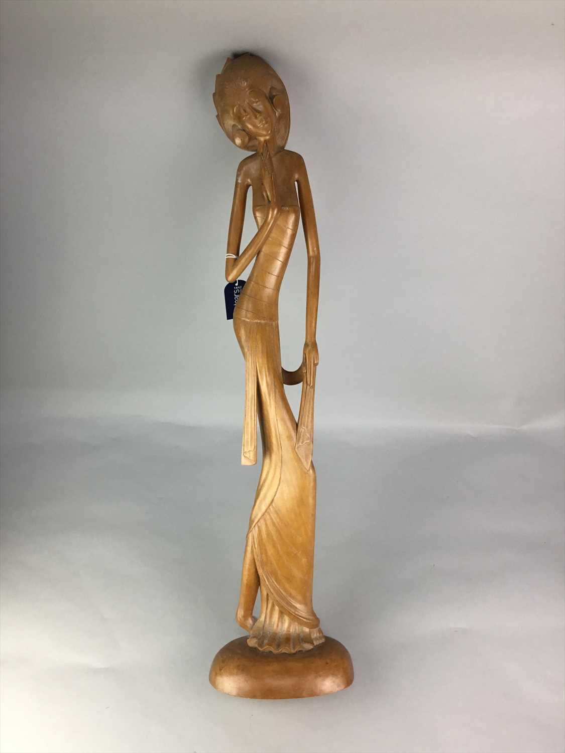 Lot 116 - A CARVED EASTERN FIGURE OF A LADY ALONG WITH OTHER WOOD AND BRASS ITEMS