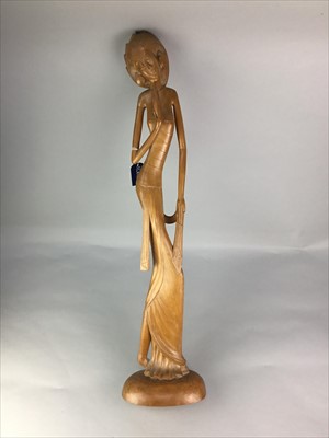 Lot 116 - A CARVED EASTERN FIGURE OF A LADY ALONG WITH OTHER WOOD AND BRASS ITEMS