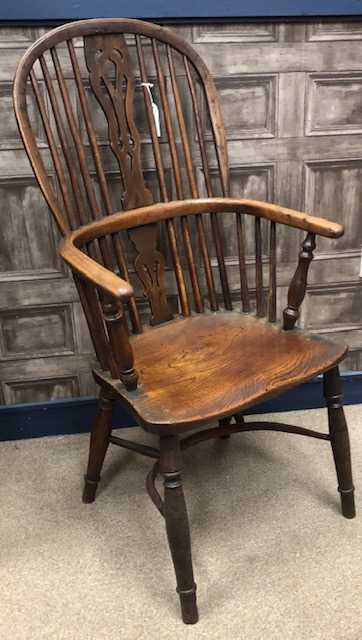 Lot 1314 - AN EARLY 19TH YEW, OAK AND ELM HIGH BACK WINDSOR ELBOW CHAIR