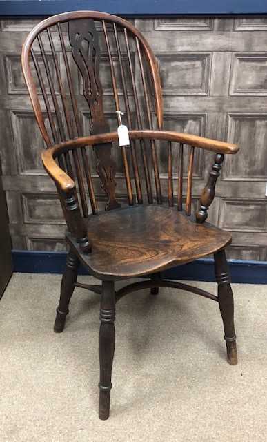 Lot 1315 - AN EARLY 19TH CENTURY YEW, OAK AND ELM HIGH BACK WINDSOR ELBOW CHAIR