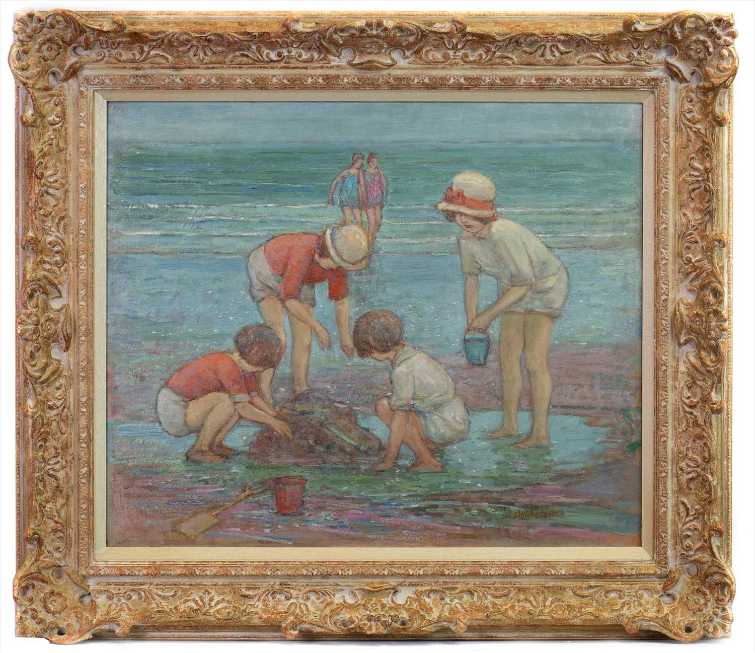 Lot 34 - CHILDREN AT SEASIDE, AN OIL BY ALFRED JOHN BILLINGHURST