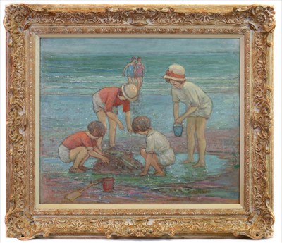 Lot 34 - CHILDREN AT SEASIDE, AN OIL BY ALFRED JOHN BILLINGHURST