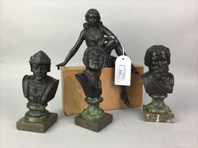 Lot 214 - AN ART DECO STYLE BRONZE FIGURE OF A LADY AND THREE REPRODUCTION BUSTS