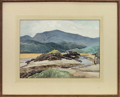 Lot 157 - LANDSCAPE WITH RIVER, A WATERCOLOUR BY A J GILES