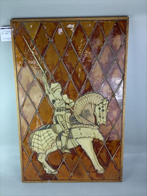 Lot 237 - A CERAMIC TILE PICTURE DEPICTING A KNIGHT ON HORSEBACK