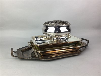 Lot 231 - A SILVER PLATED CIRCULAR ENTREE DISH ALONG WITH OTHER PLATED ITEMS