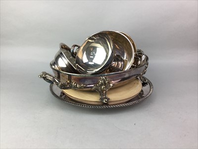 Lot 231 - A SILVER PLATED CIRCULAR ENTREE DISH ALONG WITH OTHER PLATED ITEMS