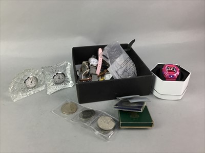 Lot 304 - A COLLECTION OF WATCHES, COINS AND TWO EDINBURGH CRYSTAL CLOCKS