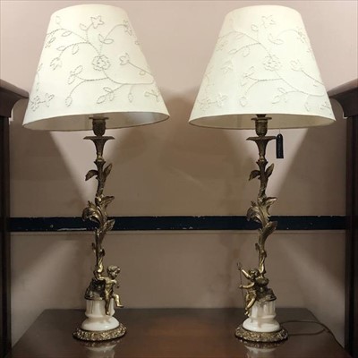 Lot 332 - A PAIR OF CAST BRASS AND MARBLE TABLE LAMPS