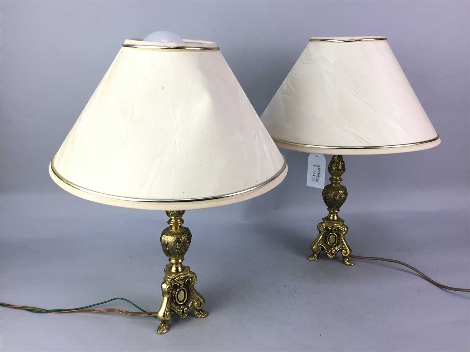 Lot 334 - A PAIR OF SMALL BRASS TABLE LAMPS AND THREE