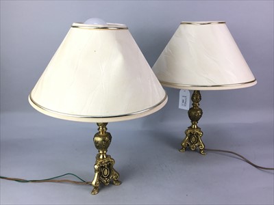 Lot 334 - A PAIR OF SMALL BRASS TABLE LAMPS AND THREE OTHER LAMPS