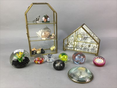 Lot 341 - A LOT OF TWO MINIATURE DISPLAY CASES, PAPERWEIGHTS, SWAROVSKI CRYSTAL AND OTHER ITEMS