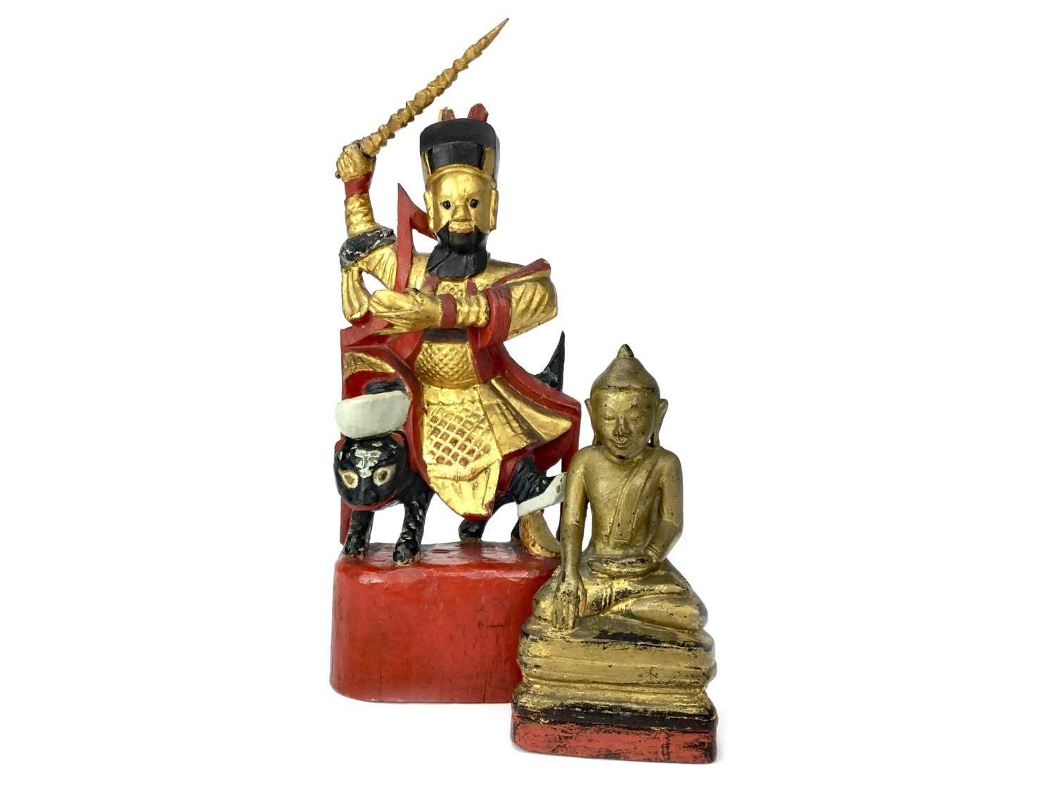 Lot 726 - A CHINESE PAINTED AND GILDED WOOD WARRIOR AND A BUDDHA