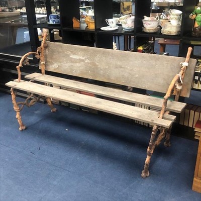 Lot 396 - A VICTORIAN WROUGHT IRON AND WOOD GARDEN BENCH